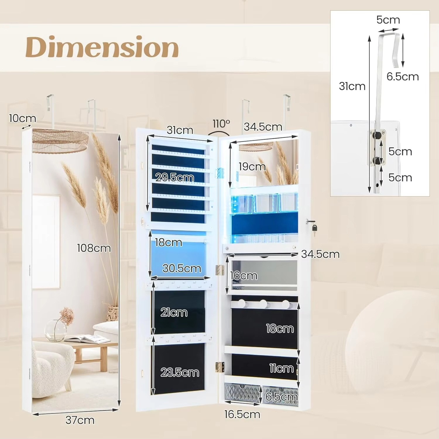 Mirror Jewelry Cabinet, Wall/Door Mounted Lockable Jewelry Armoire Organizer w/Full-Length Mirror, Built-in Mirror & Lights, Fol
