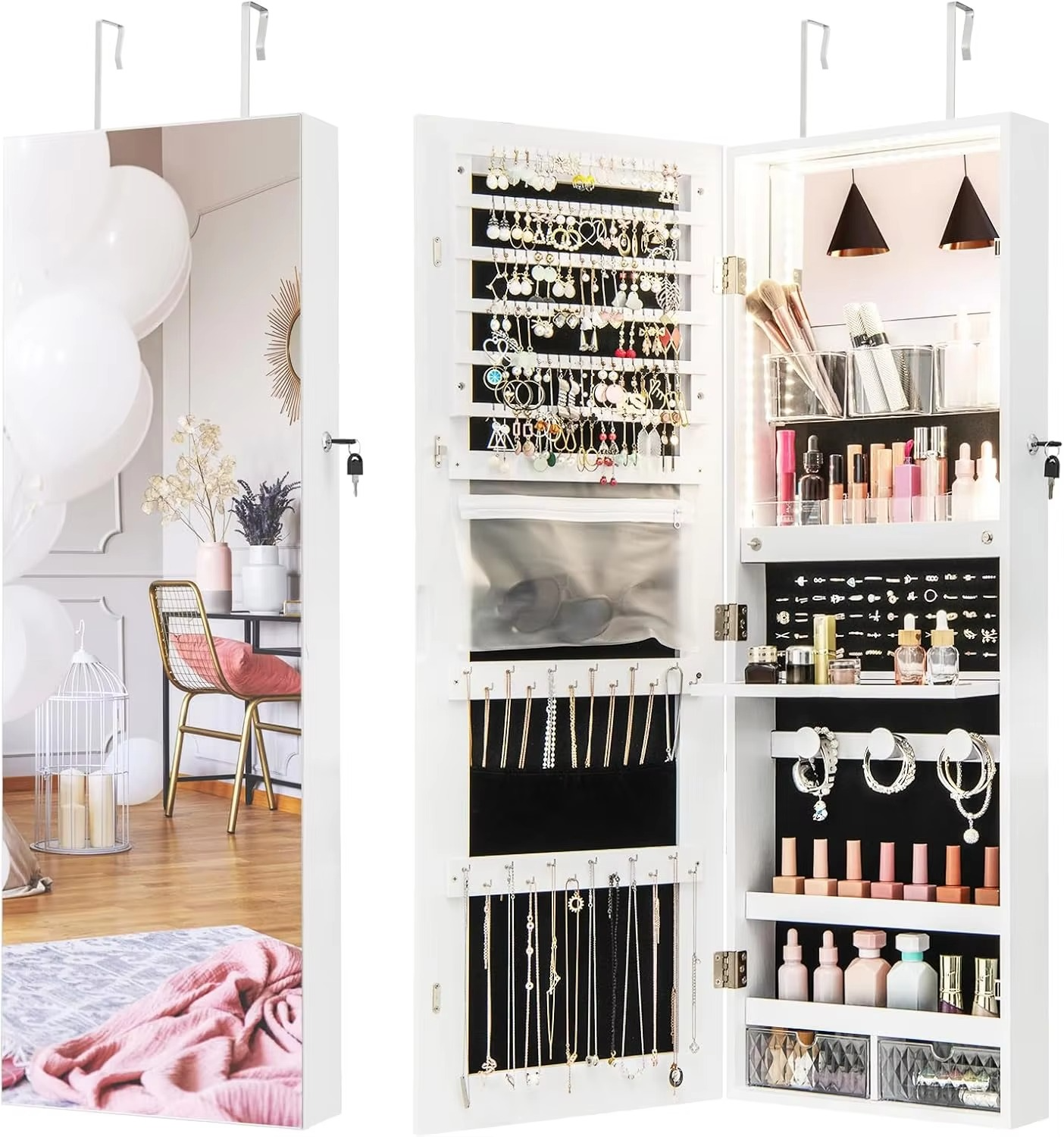 Mirror Jewelry Cabinet, Wall/Door Mounted Lockable Jewelry Armoire Organizer w/Full-Length Mirror, Built-in Mirror & Lights, Fol