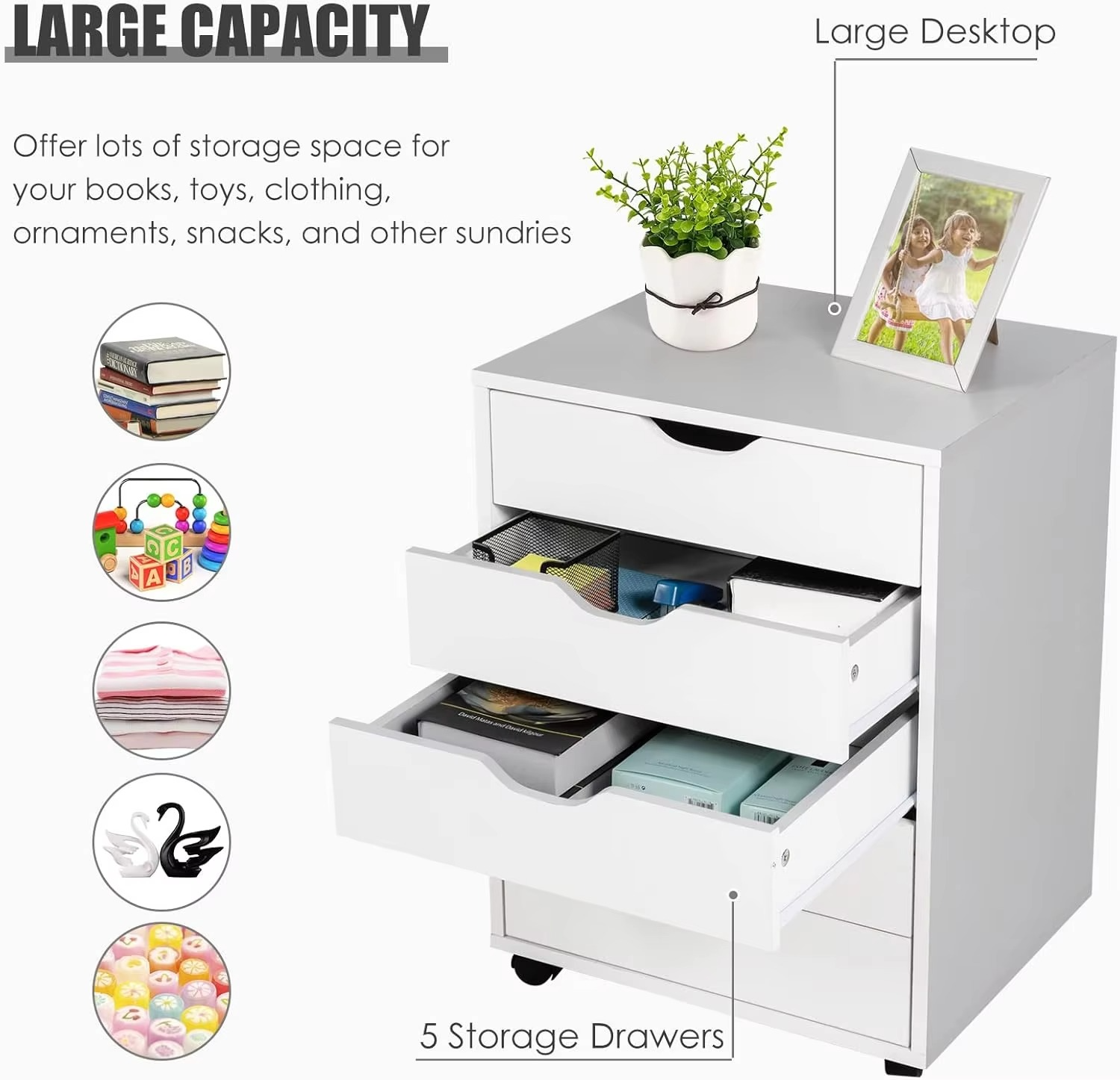 Chest of Drawers, Mobile File Cabinet, Lateral Filing Cabinet Drawers With Casters, Mobile Side Storage Cabinet Chest Home Offic