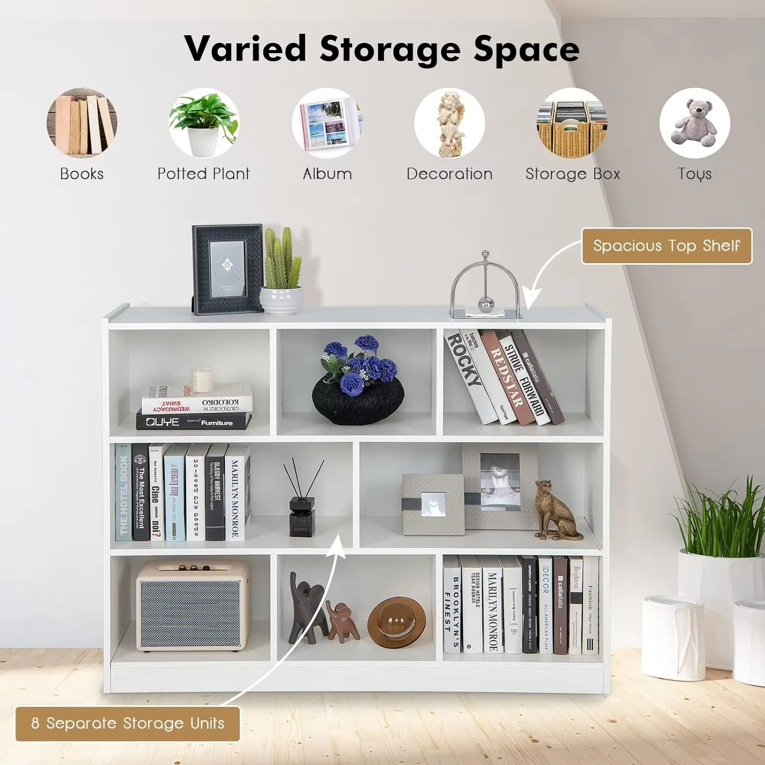 Wood Storage Cube Bookcase, 3 Tier 8 Cube Open Shelf Storage Cabinet, Multipurpose Bookshelf, Display Shelf for Living Room, Bed