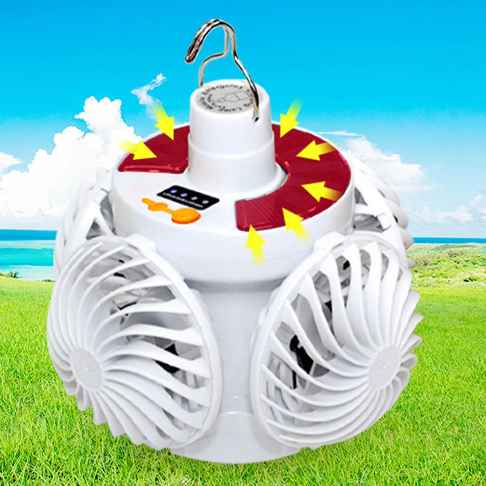 Light Ceiling Fan Solar Camping Fan Football Design Foldable Hook Lamp for Cabin Gazebo Garage RV Barn Farm Greenhouse Garden