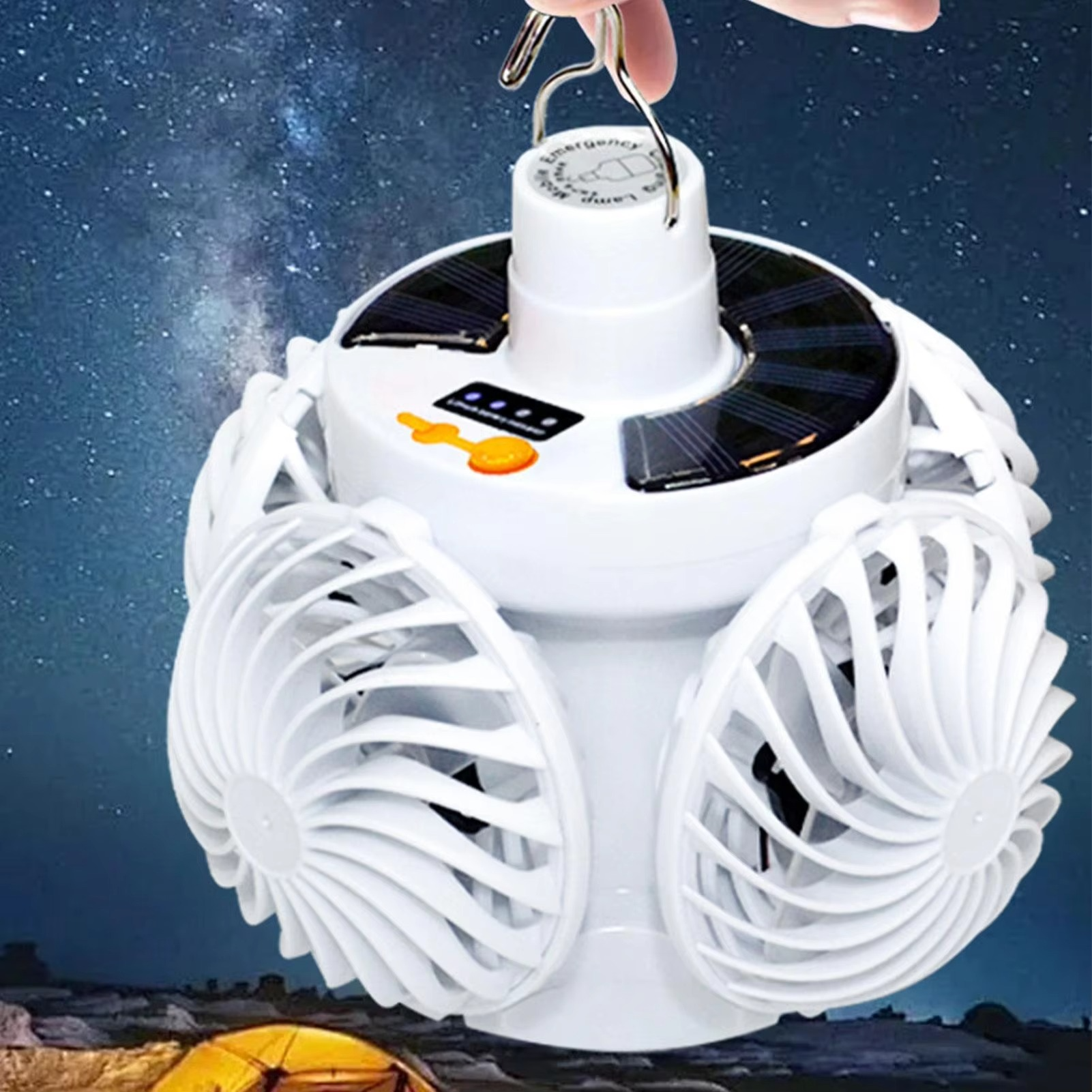 Light Ceiling Fan Solar Camping Fan Football Design Foldable Hook Lamp for Cabin Gazebo Garage RV Barn Farm Greenhouse Garden