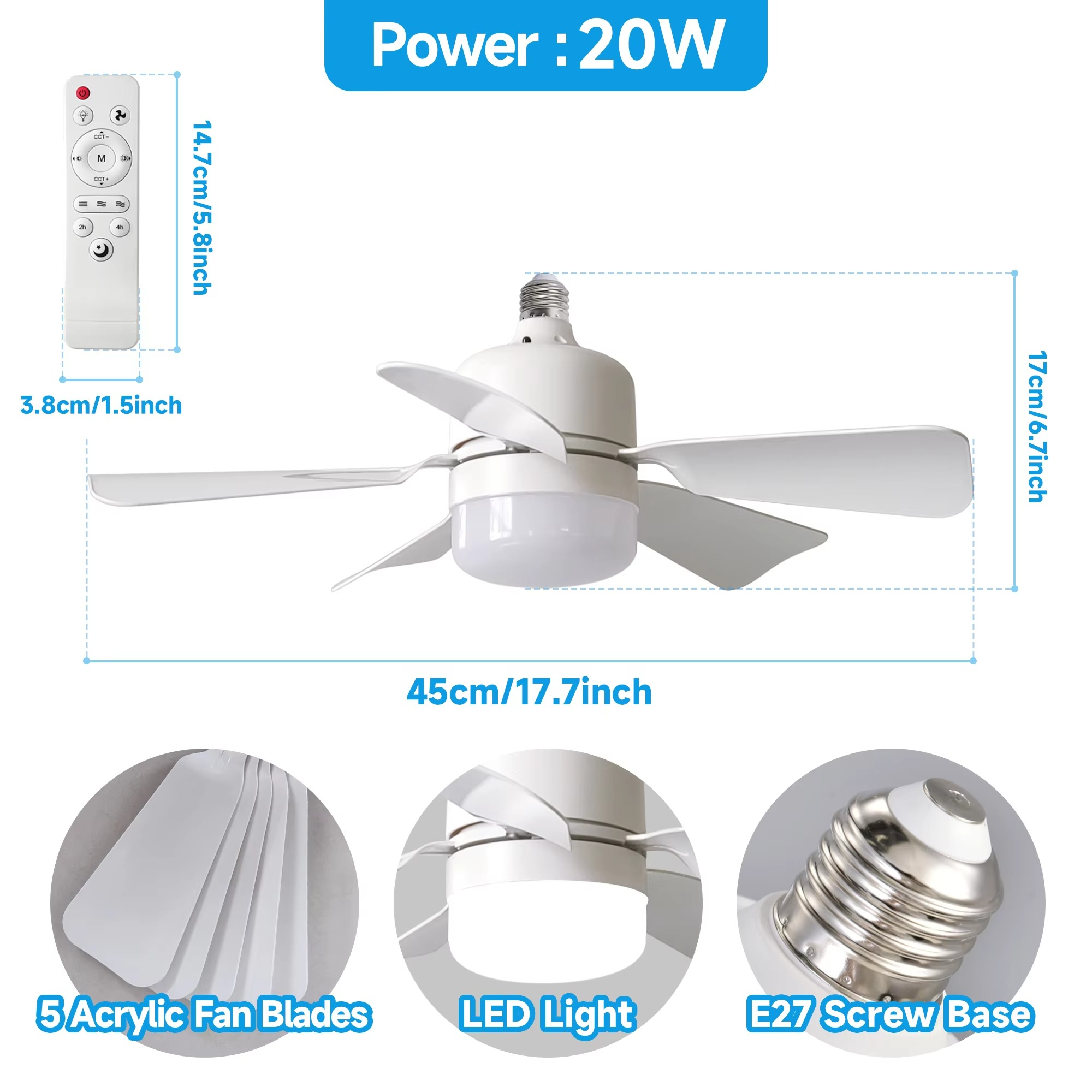2 In1 Ceiling Fan with Remote Control Lighting Lamp E27 Converter Base Lighting Base Bedroom Living Room