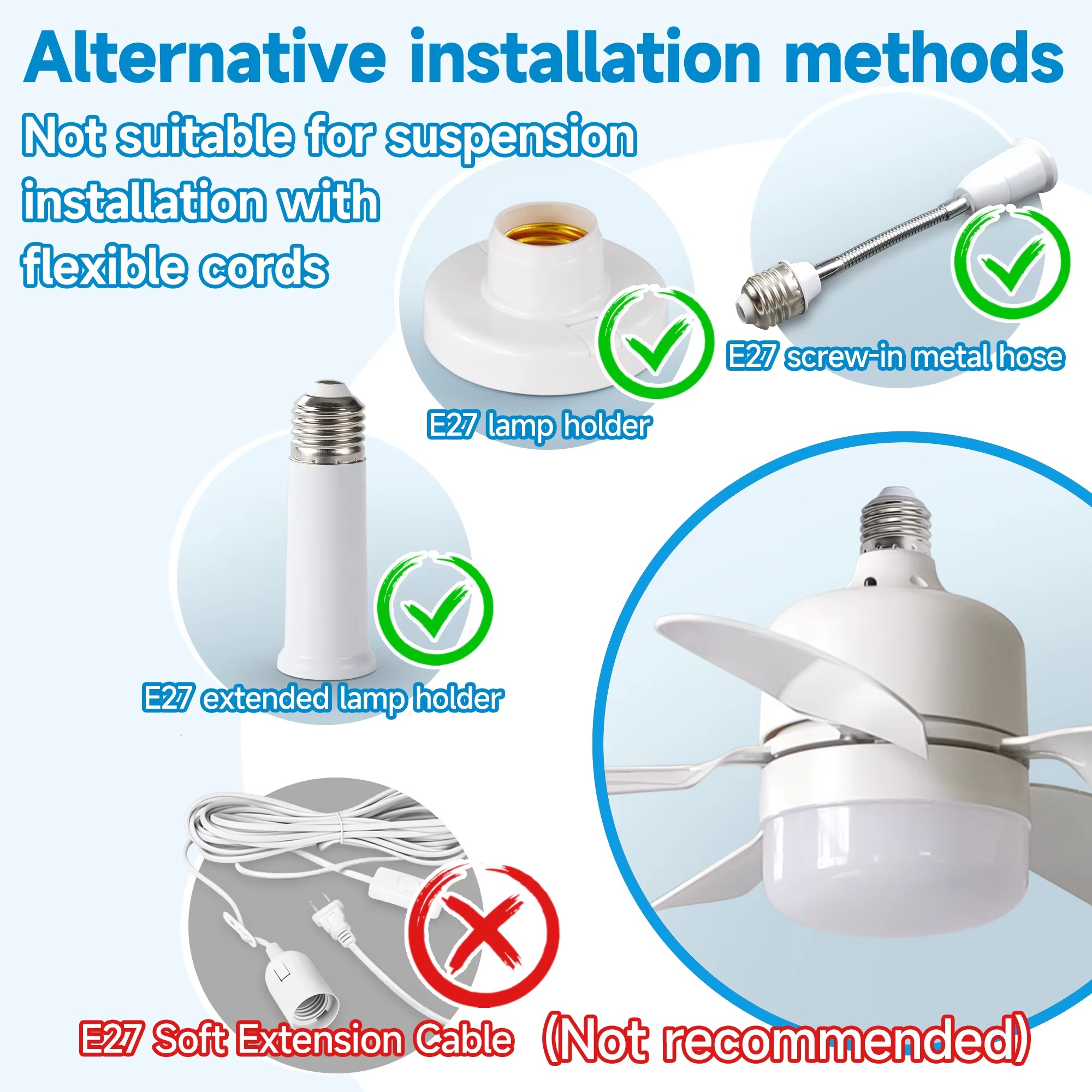 2 In1 Ceiling Fan with Remote Control Lighting Lamp E27 Converter Base Lighting Base Bedroom Living Room