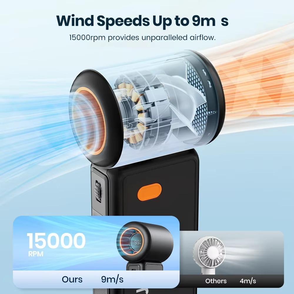 5000mAh Handheld USB Turbo Fan Super Strong Wind Infinite Gear Adjustment Long Battery Life Rechargeable Multipurpose Pocket Fan