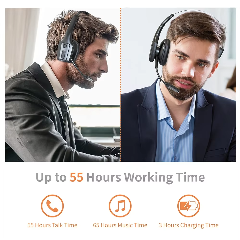 Mono Bluetooth Wireless Headphones Noise Canceling Over Head Trucker Headset with Mic, Adjustable Lightweight Headband,55 Hrs