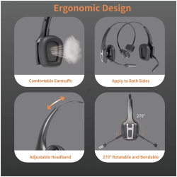 Mono Bluetooth Wireless Headphones Noise Canceling Over Head Trucker Headset with Mic, Adjustable Lightweight Headband,55 Hrs