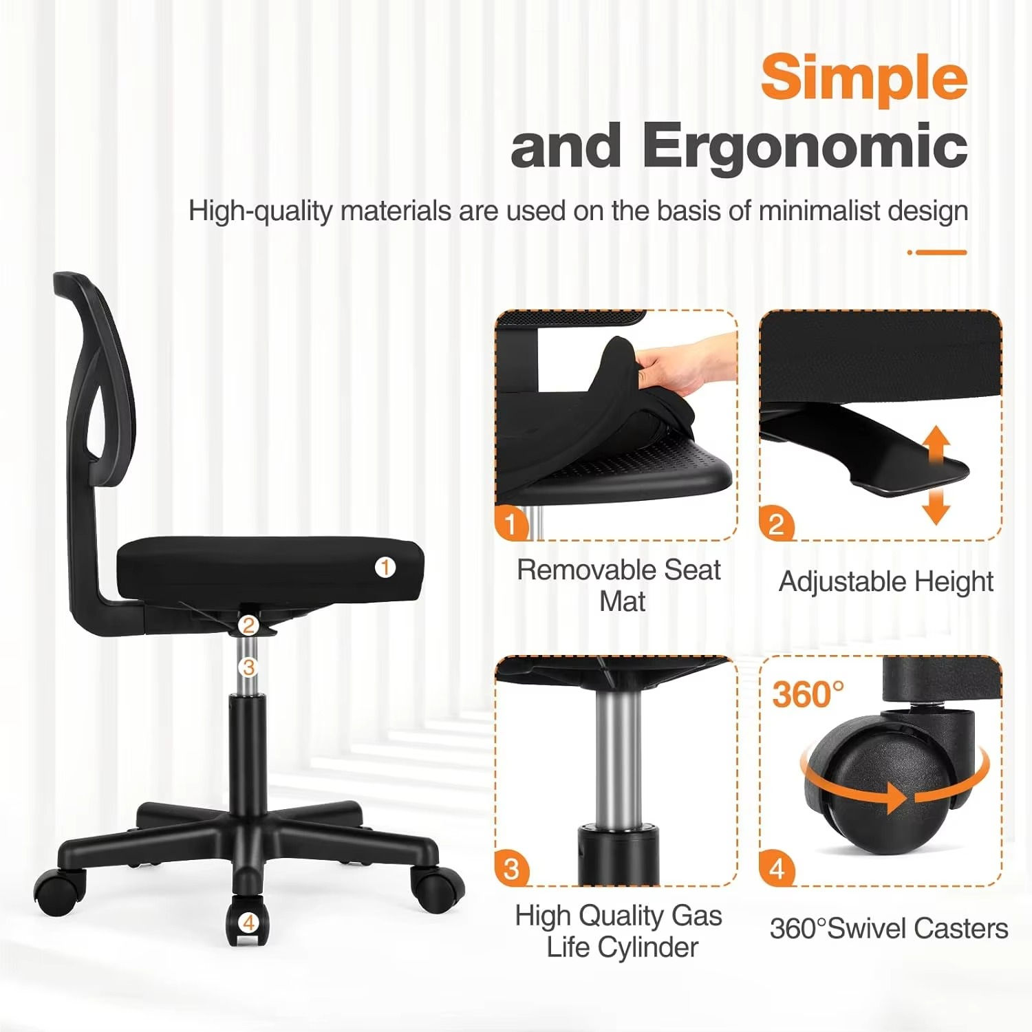 Office Computer Desk Chair, Ergonomic Low-Back Mesh Rolling Work Swivel Chairs with Wheels, Armless Comfortable Seat Lumbar Su
