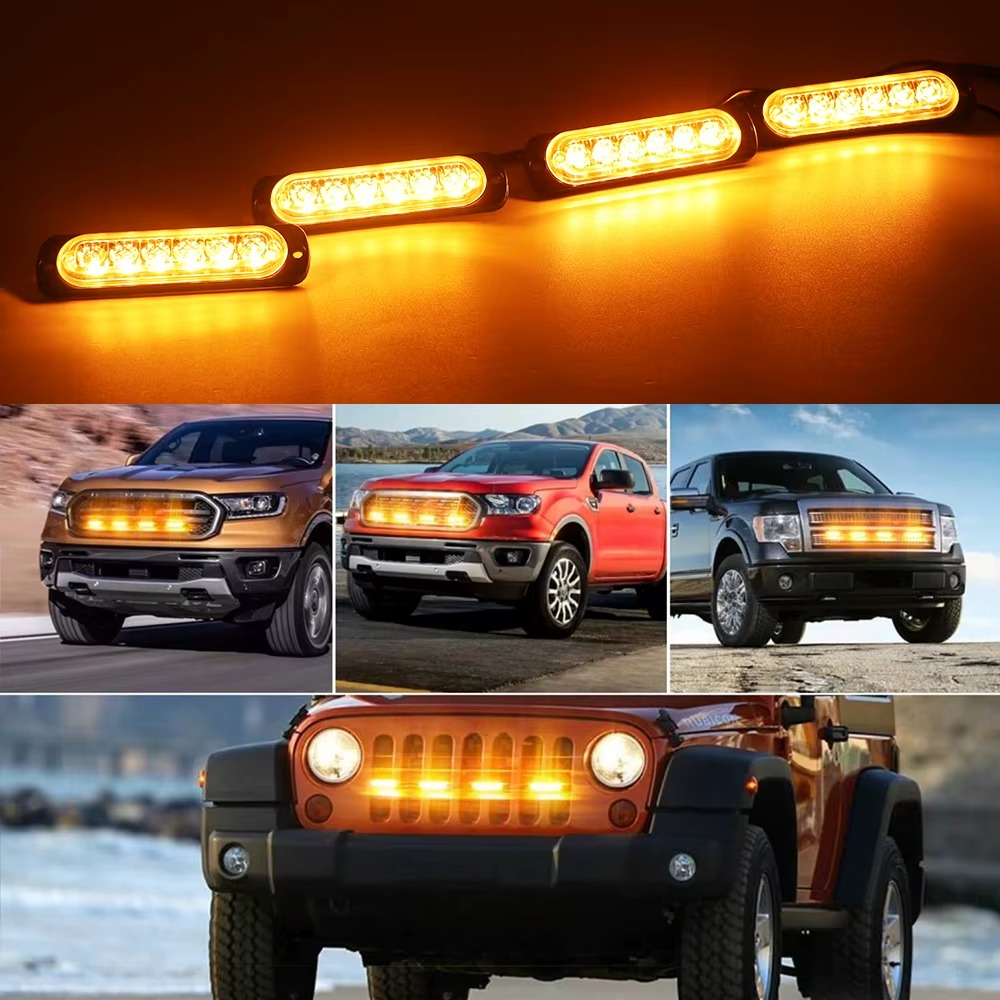 4 in 1 Car Front Grille Lighting Police LED Emergency Strobe Warning Lights Fireman Flash Beacon Signal Lamp Yellow White 12V