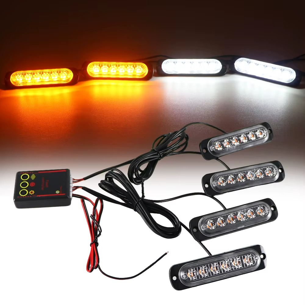 4 in 1 Car Front Grille Lighting Police LED Emergency Strobe Warning Lights Fireman Flash Beacon Signal Lamp Yellow White 12V