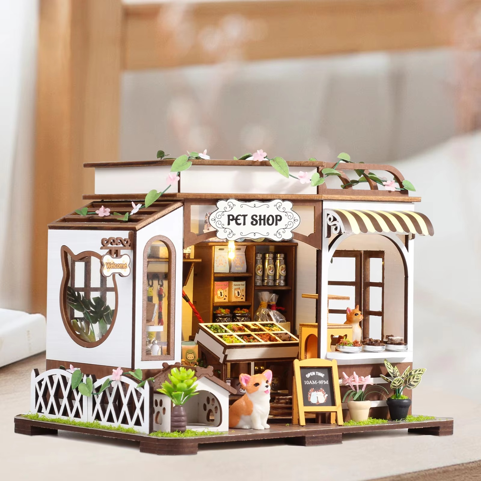 New Diy Wooden Pets Shop Casa Doll Houses Miniature Building Kits Dollhouse With Furniture Led Lights For Girls Birthday Gifts