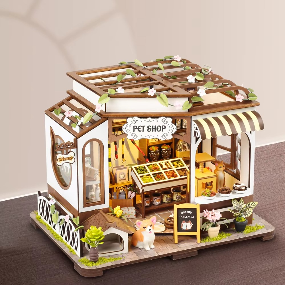 New Diy Wooden Pets Shop Casa Doll Houses Miniature Building Kits Dollhouse With Furniture Led Lights For Girls Birthday Gifts