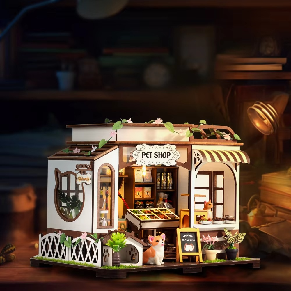 New Diy Wooden Pets Shop Casa Doll Houses Miniature Building Kits Dollhouse With Furniture Led Lights For Girls Birthday Gifts