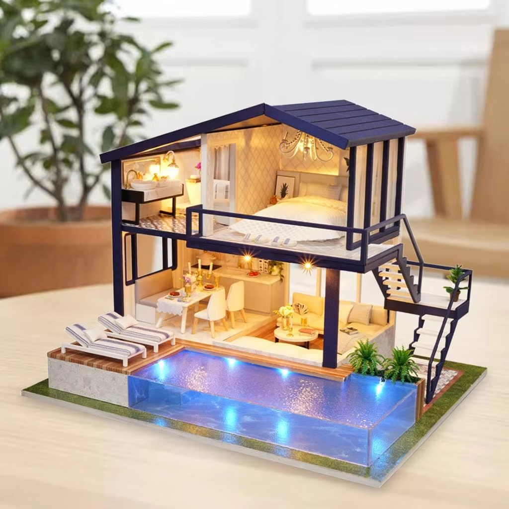 Dollhouse with Realistic Furniture Kits, Miniature Doll House