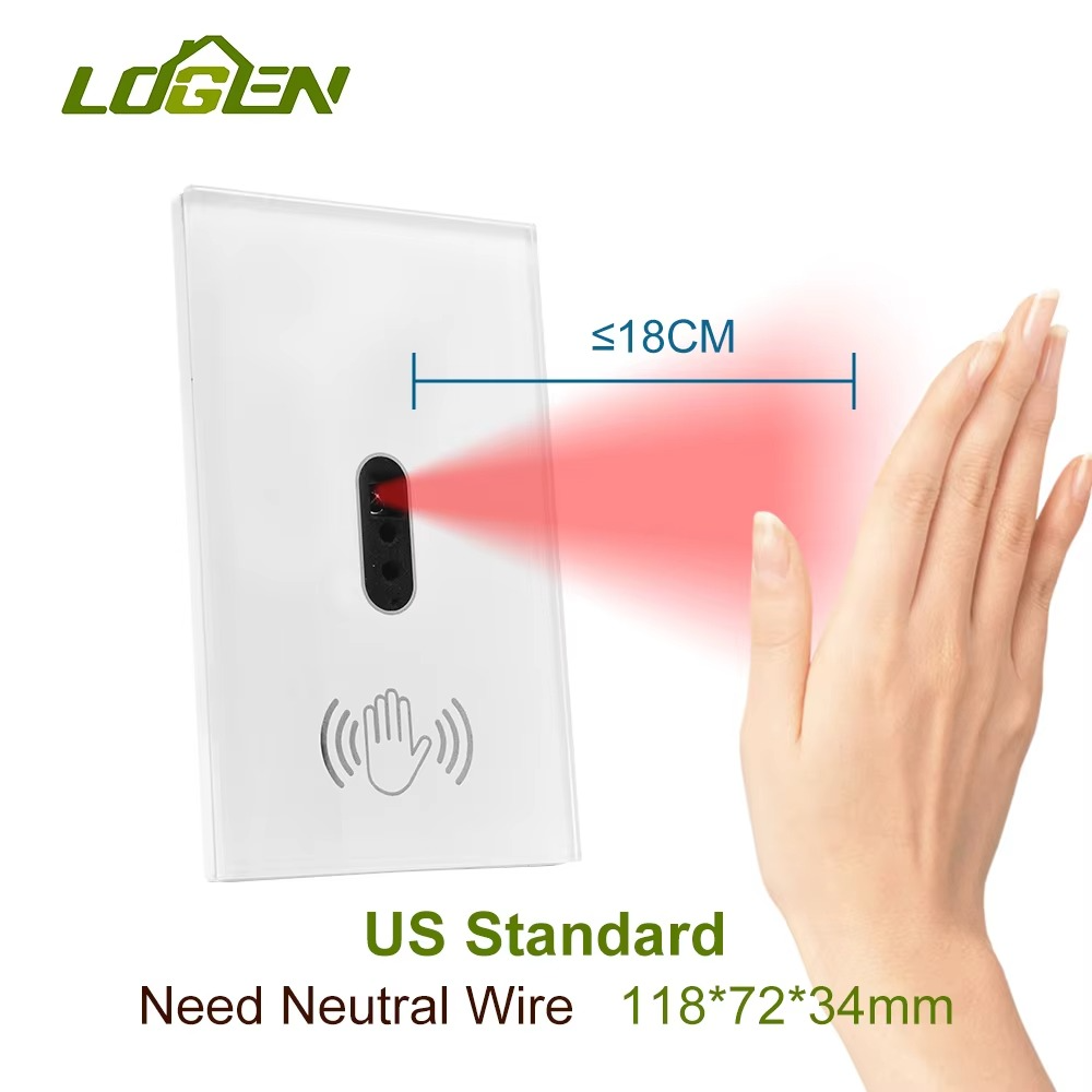Logen No Need Touch IR Wall Light Switch Infrared Motion Sensor Hand Wave Sensor Switch EU US 220V Glass Panel Need Neutral Wire