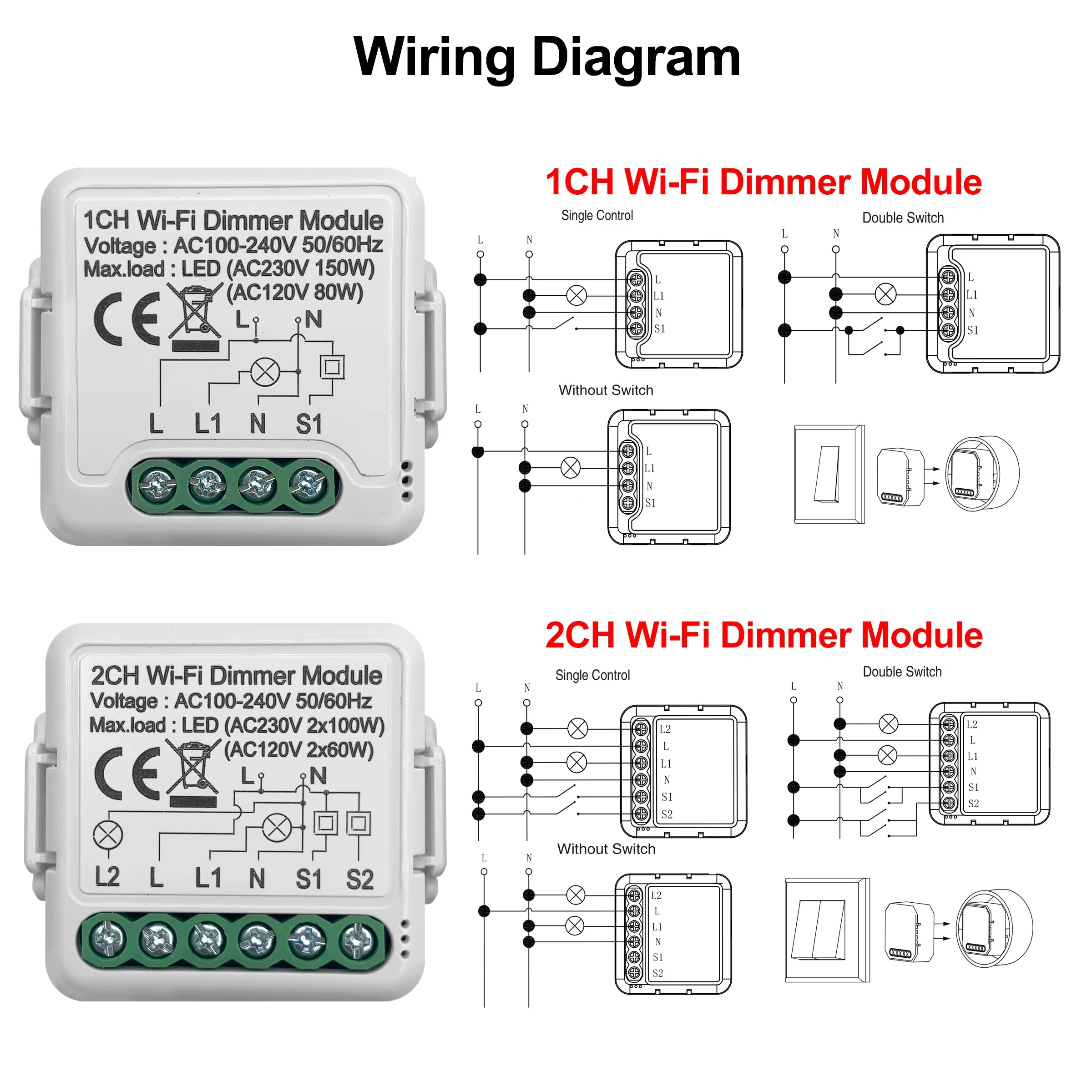 GIRIER Tuya WiFi Smart Dimmer Switch, 10A, 1/2 Gang, 2-Way, Alexa & Google Home Compatible