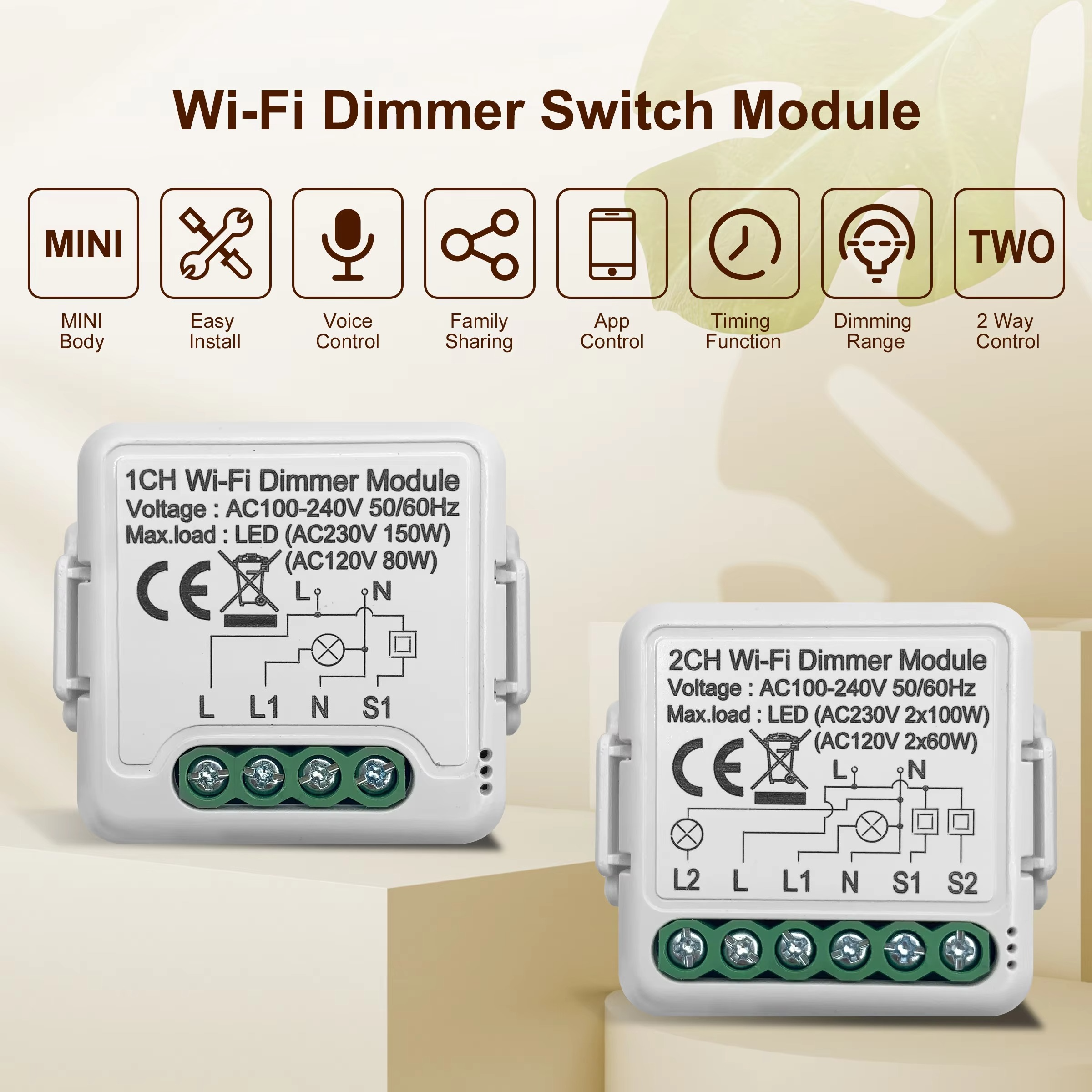 GIRIER Tuya WiFi Smart Dimmer Switch, 10A, 1/2 Gang, 2-Way, Alexa & Google Home Compatible