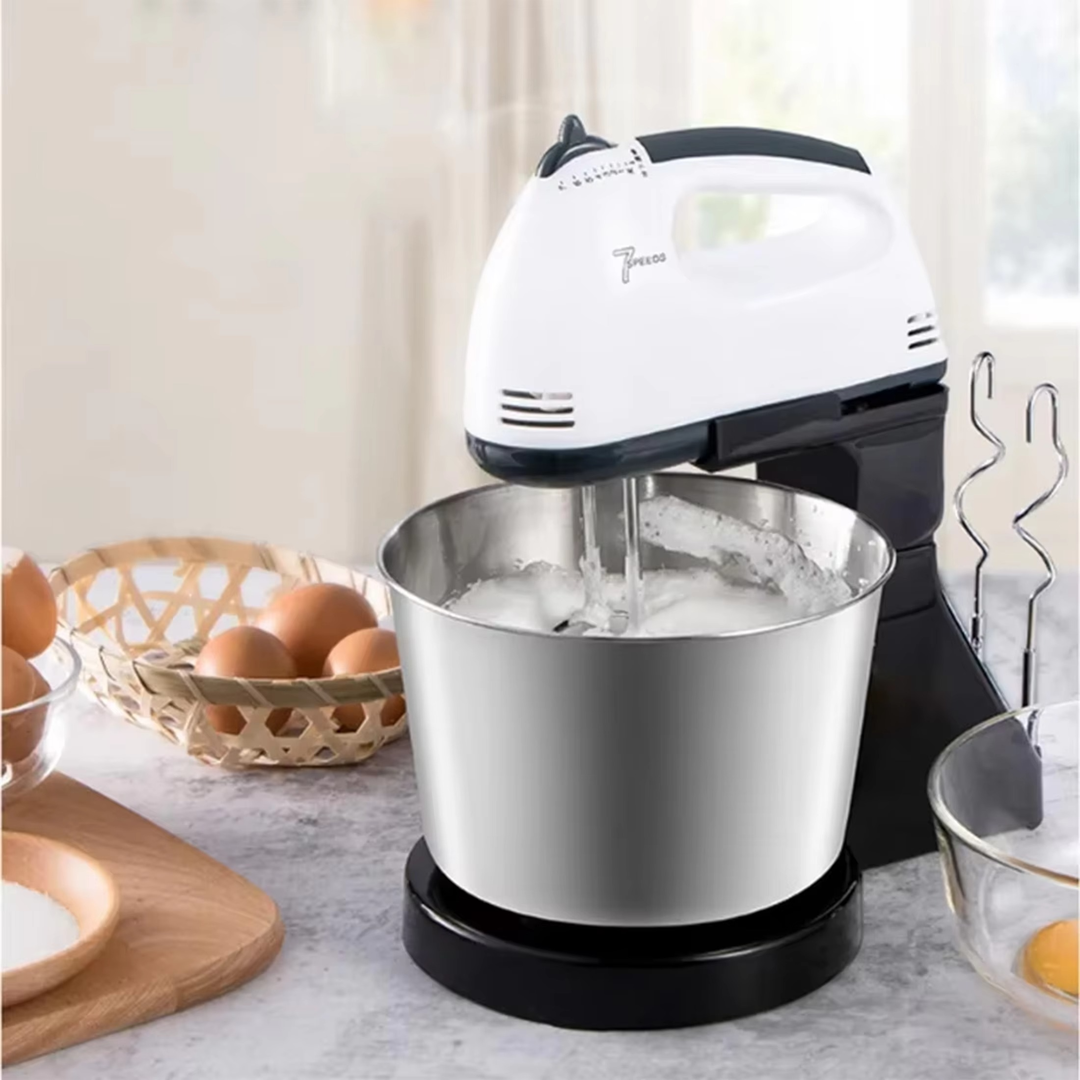 1pc-Dual-Power Kitchen Mixer - Electric & Manual Handheld Blender for Baking/Cooking (Includes Mixing Bowl)