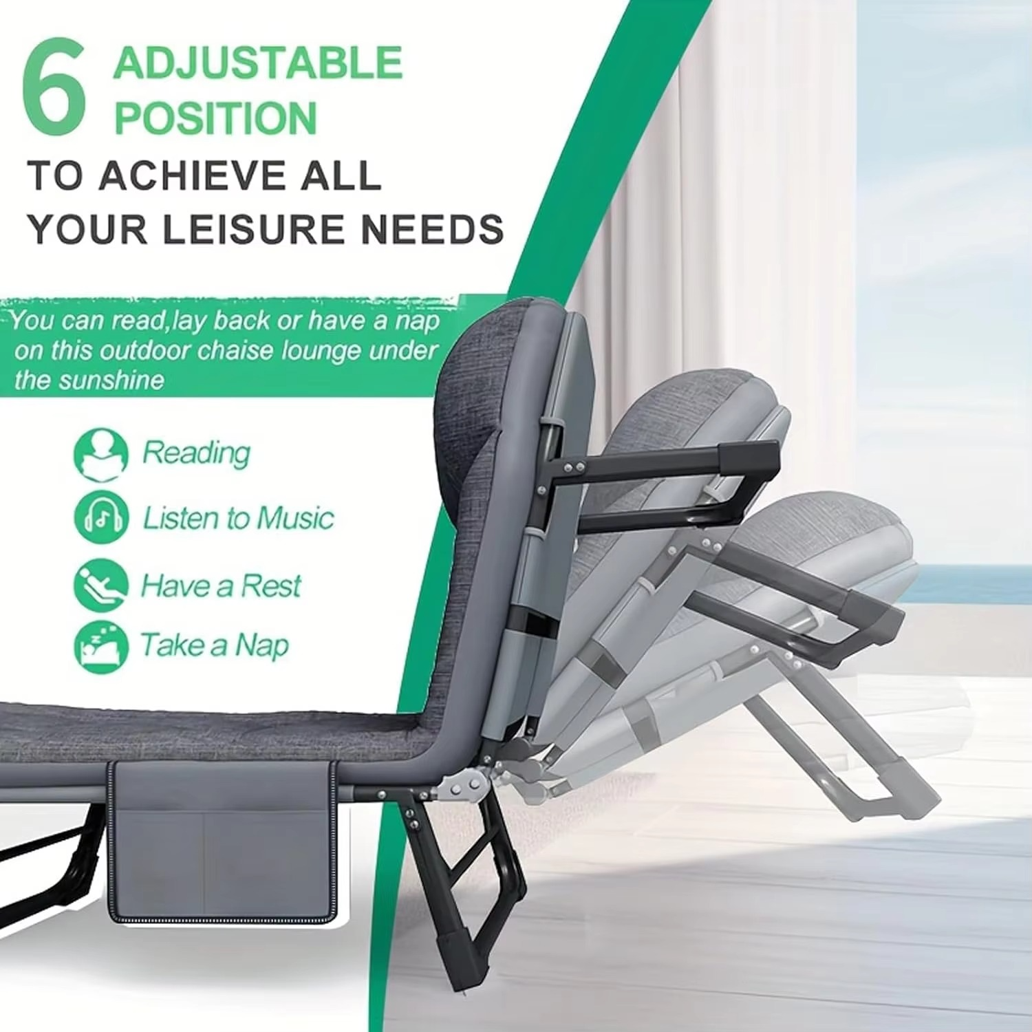 Folding Bed, Adjustable 6-Position Foldable Cot with Cushion and Pillow, Camping Cots for Adults, Portable Cot for Sleeping,Camp