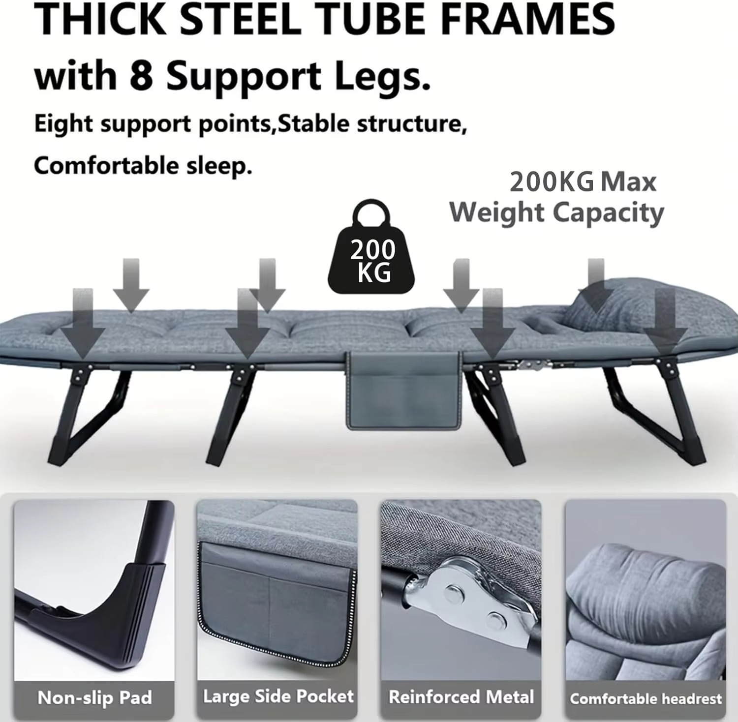 Folding Bed, Adjustable 6-Position Foldable Cot with Cushion and Pillow, Camping Cots for Adults, Portable Cot for Sleeping,Camp