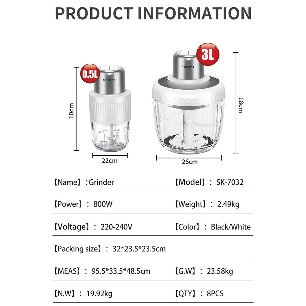 Electric Household Meat Grinder & Juicer Food Processor Kitchen Garlic Cutter Blender Suitable for Meat, Vegetables