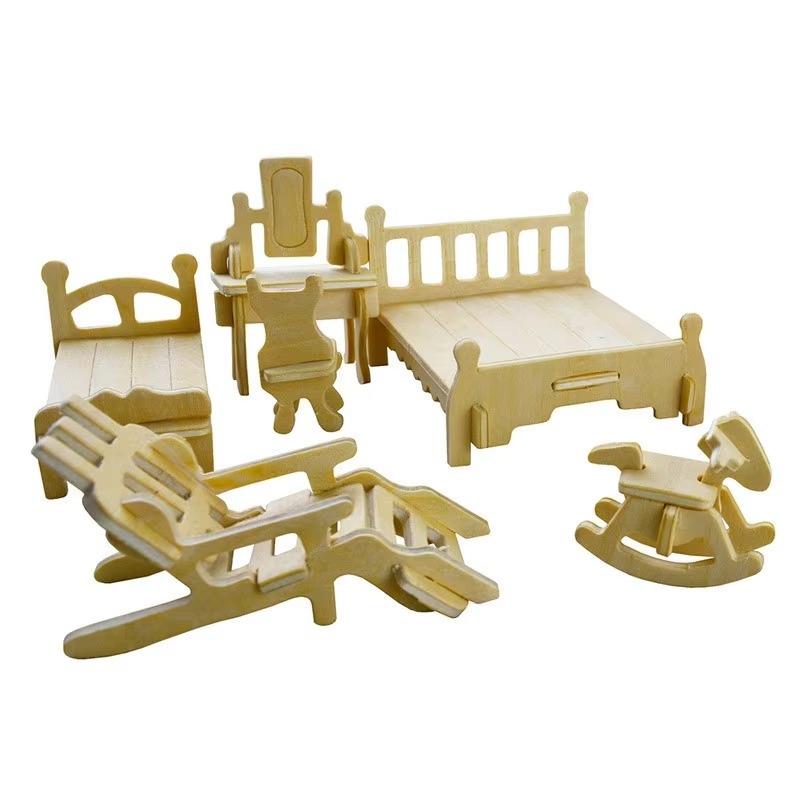 34pcs Wooden Furniture Toy For Dolls Dollhouse Assembled Miniature Furniture Pretend Play 3D Puzzle Toys For Children Girls Kids