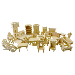 34pcs Wooden Furniture Toy For Dolls Dollhouse Assembled Miniature Furniture Pretend Play 3D Puzzle Toys For Children Girls Kids
