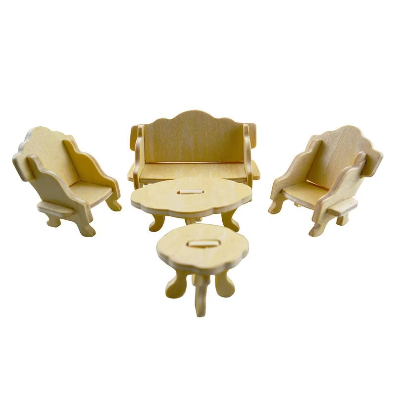 34pcs Wooden Furniture Toy For Dolls Dollhouse Assembled Miniature Furniture Pretend Play 3D Puzzle Toys For Children Girls Kids