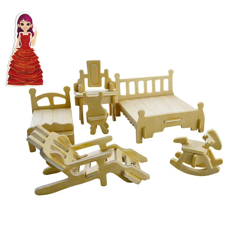 34pcs Wooden Furniture Toy For Dolls Dollhouse Assembled Miniature Furniture Pretend Play 3D Puzzle Toys For Children Girls Kids