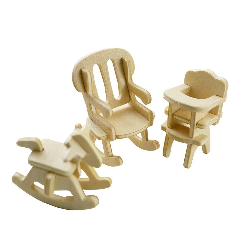 34pcs Wooden Furniture Toy For Dolls Dollhouse Assembled Miniature Furniture Pretend Play 3D Puzzle Toys For Children Girls Kids