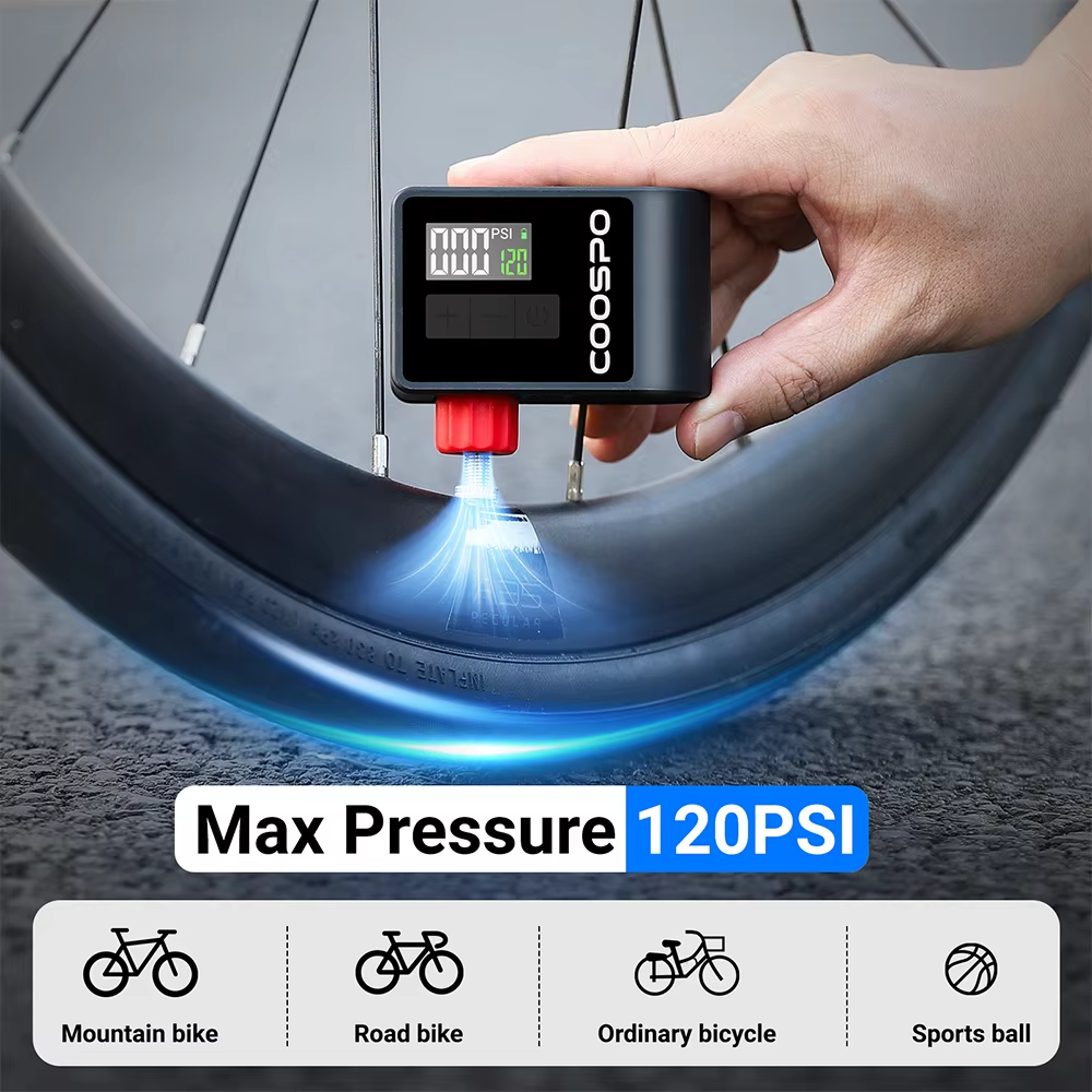 COOSPO Mini Electric Air Pump Portable Digital Inflator 120PSI 500mAh MTB Road Bike Accessories for Bike Schrader Presta Tires