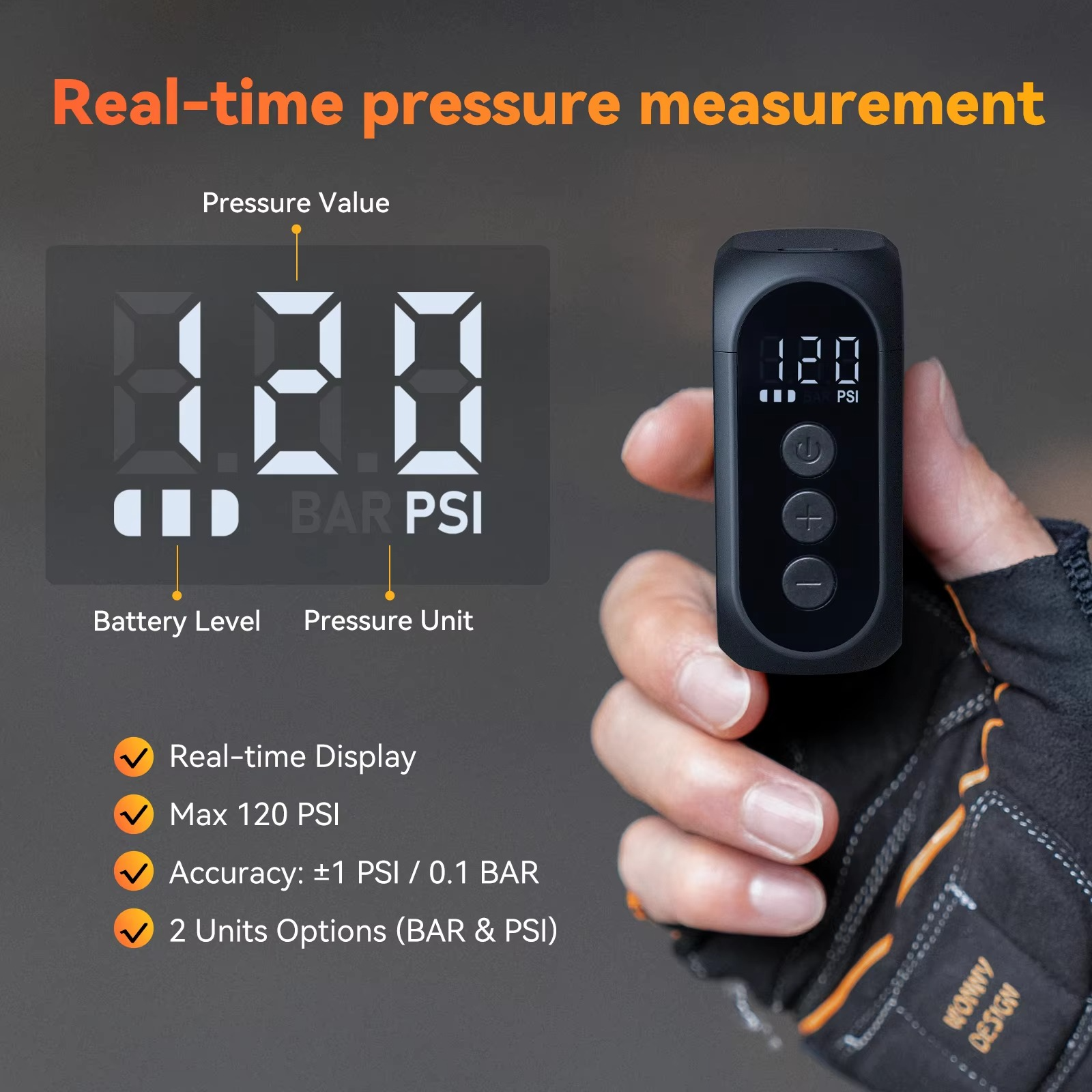 anoutway AT1 Pro Mini Electric pump for Bike Cordless Tire Inflator with Screen 25 Mins Fast Charging 120PSI Max 450mAh Battery