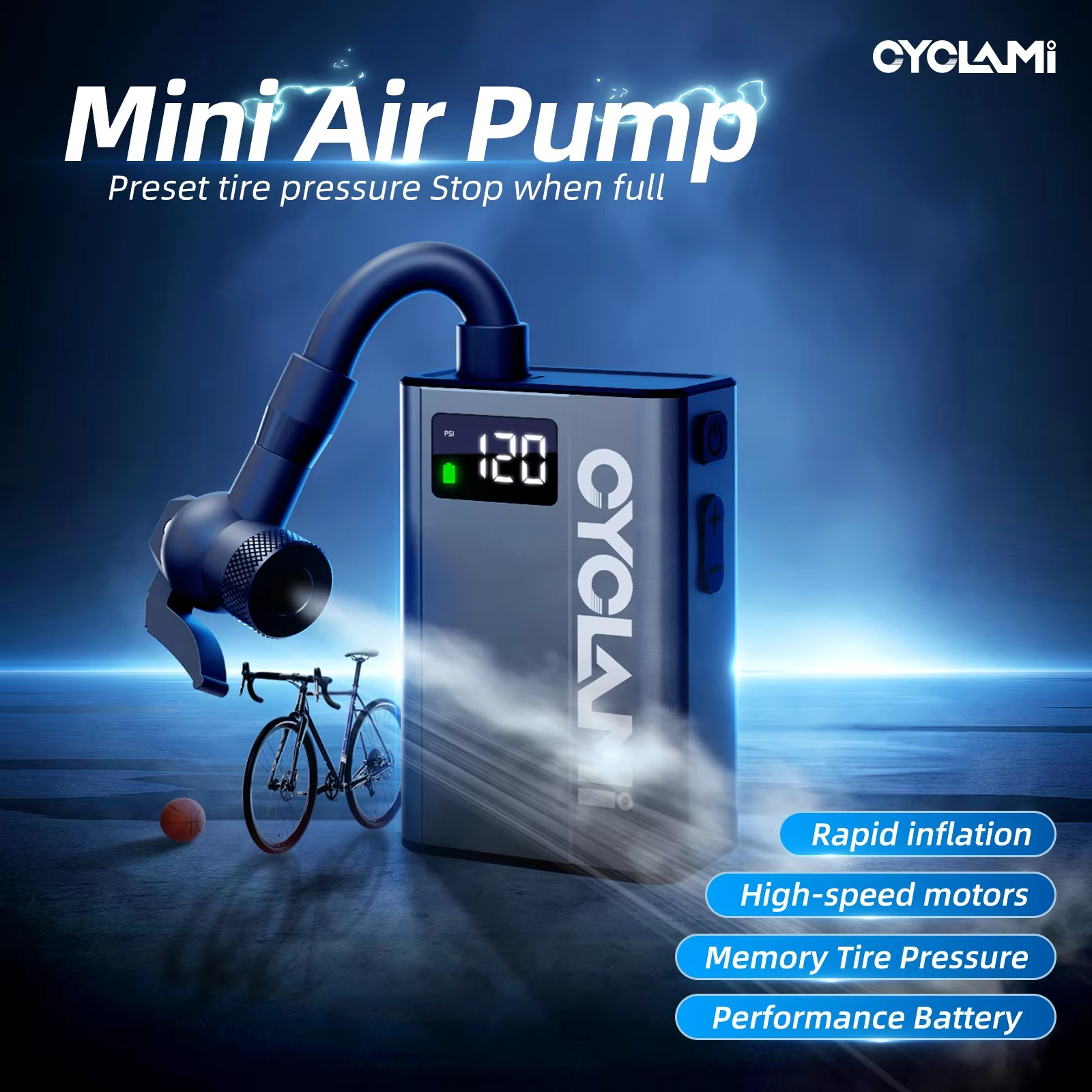 Ultralight Bike Air Electric Pump CYCLAMI E1 120psi Portable Pocket Tire Inflator For MTB Road Bicycle Motorcycle Aluminum Alloy