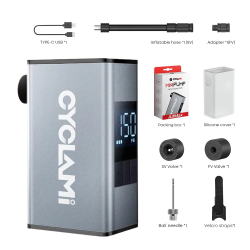 Aluminum Alloy 150 PSI Electric Pump Portable Bike Air Rechargeable Tire Inflator Schrader Presta Valve Silver CYCLAMI A3 MAX