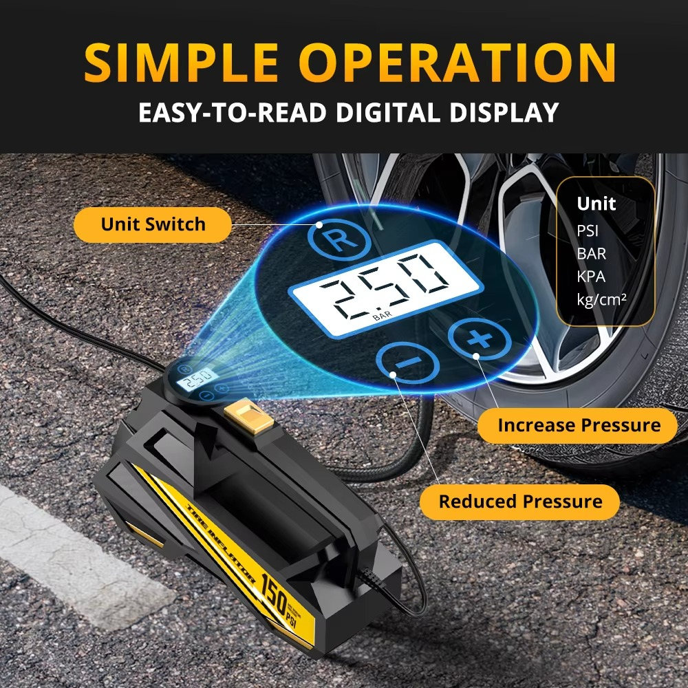 CARSUN 12V 150PSI Corded Tire Inflator with TPMS & LED Light, Portable Air Compressor for Car Motorcycle Bike Ball