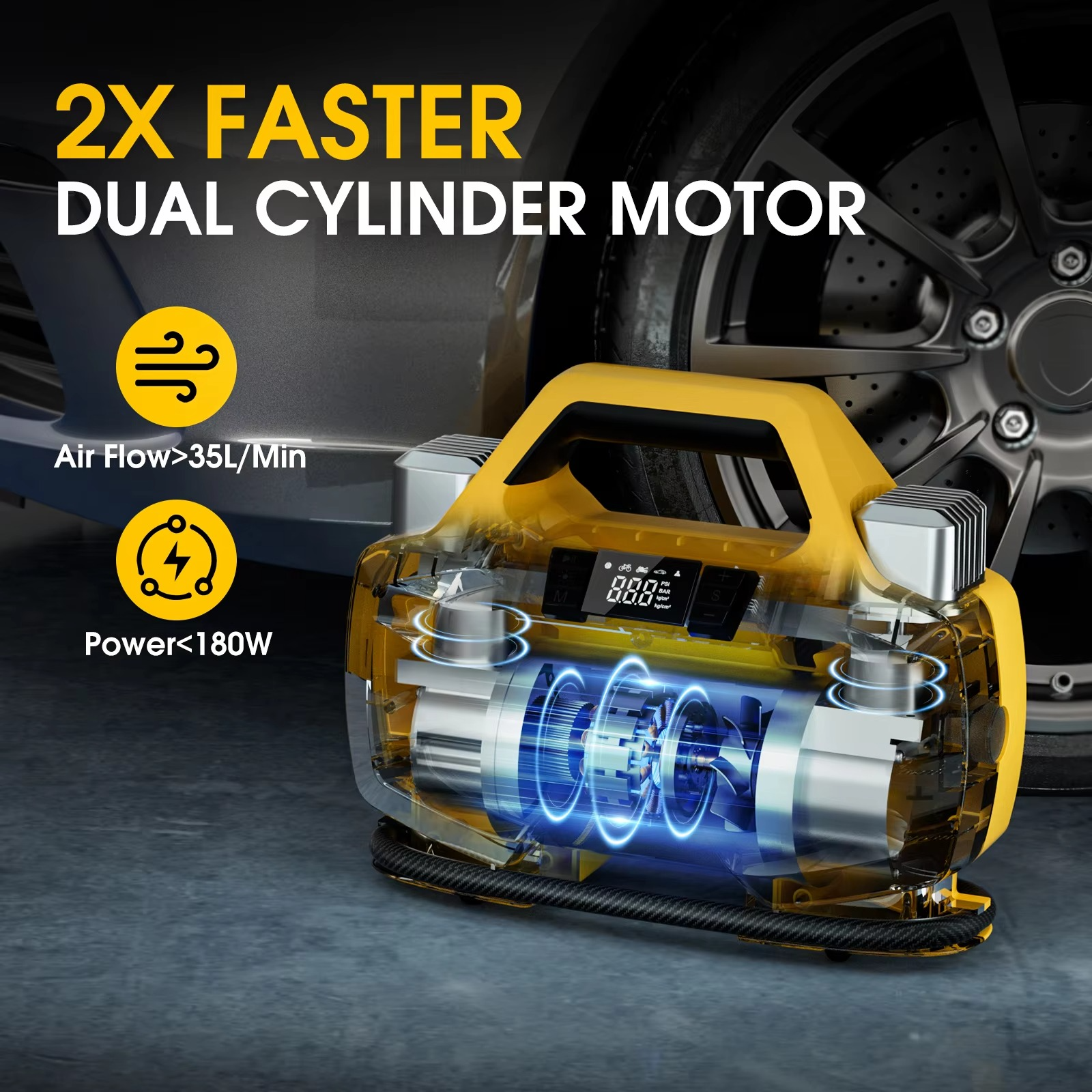 Carsun Double-Cylinder High-Power Wired Air Pump Air Compressor for SUVs RVs Mountain Bikes Rapid Inflation with Lighting Digita