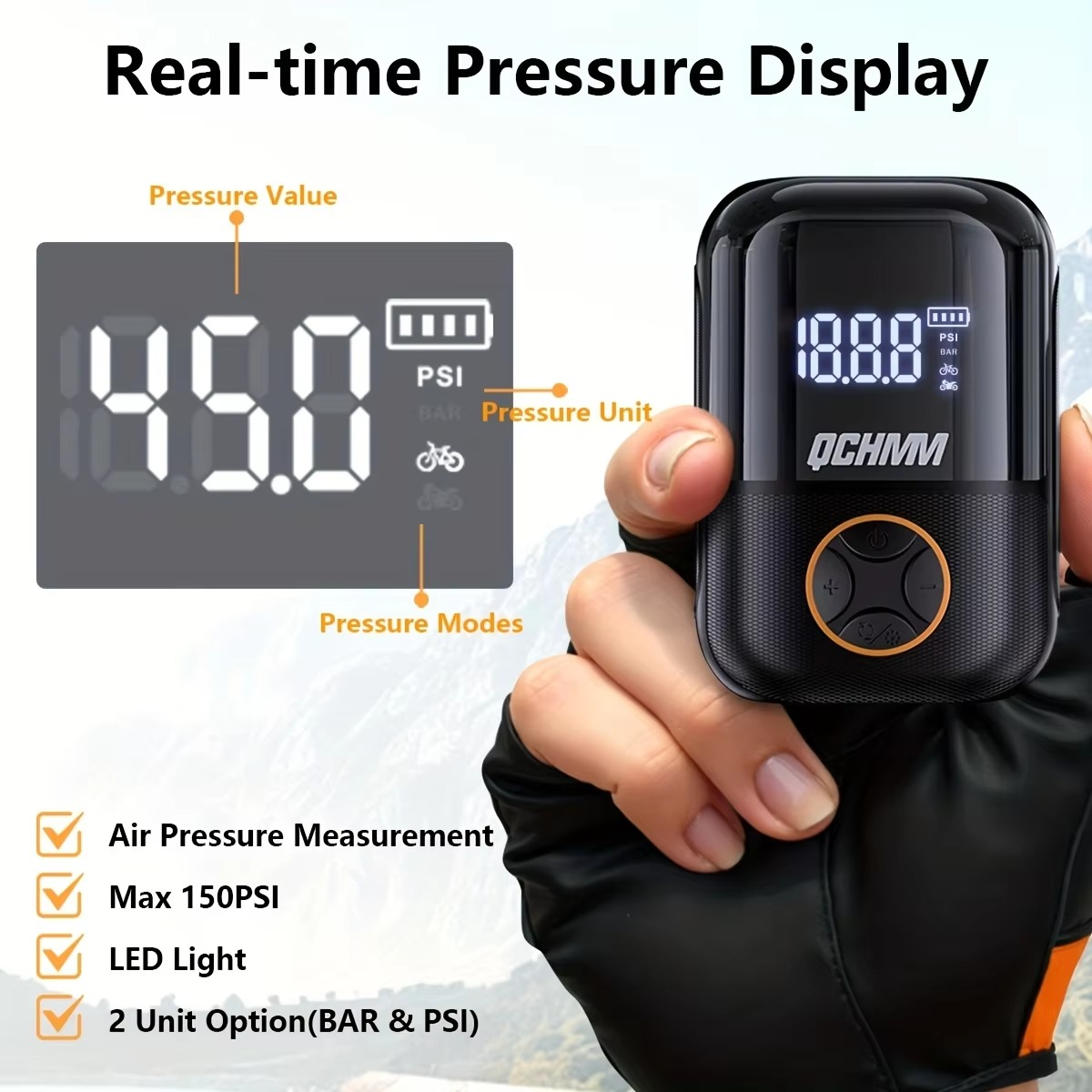 Bicycle Pump, New Style Ultra Small 150 PSI Bike Air Pump, With Digital LCD Pressure Gauge, Type-C Rechargeable Battery for Bike