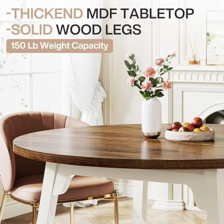 Round Dining Table for 4-6 People, 47-Inch Farmhouse Dinning Room Table Circle Kitchen Table, Industrial Dinner Table with Soli