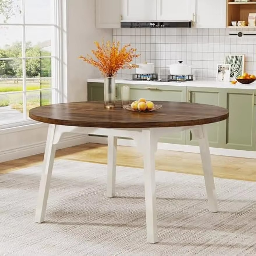 Round Dining Table for 4-6 People, 47-Inch Farmhouse Dinning Room Table Circle Kitchen Table, Industrial Dinner Table with Soli