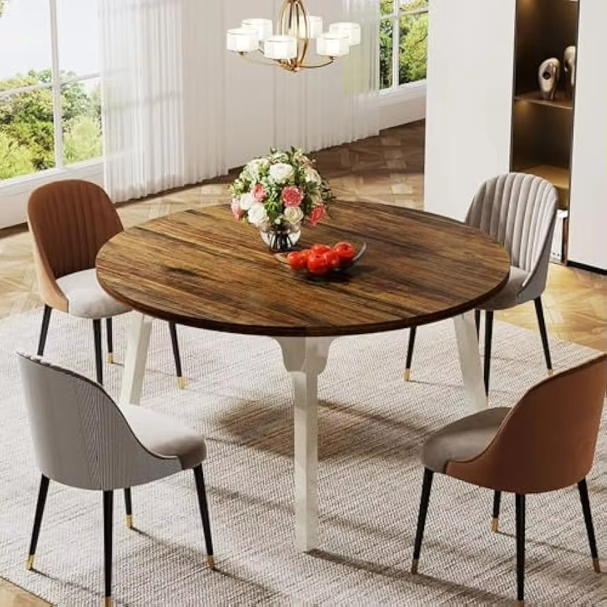 Round Dining Table for 4-6 People, 47-Inch Farmhouse Dinning Room Table Circle Kitchen Table, Industrial Dinner Table with Soli