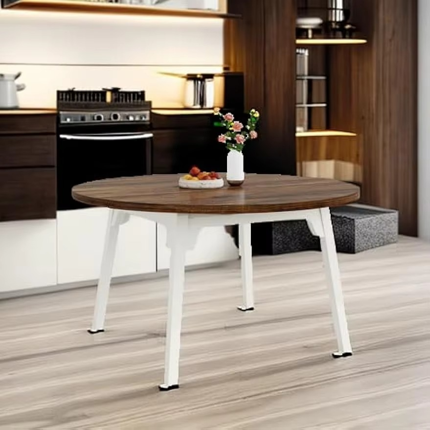 Round Dining Table for 4-6 People, 47-Inch Farmhouse Dinning Room Table Circle Kitchen Table, Industrial Dinner Table with Soli