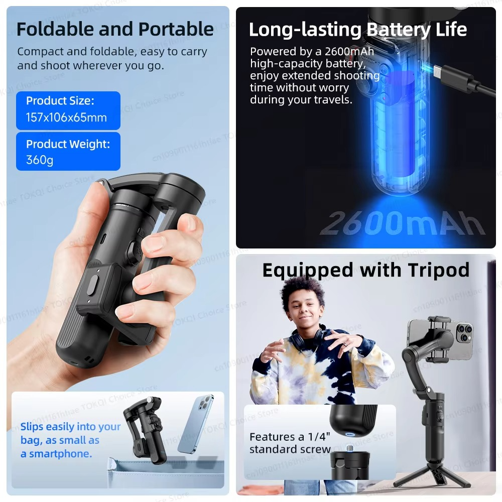 Handheld 3-Axis Gimbal Phone Holder Anti Shake Video Record with Selfie Tripod Stabilizer for iPhone & Android Smartphone