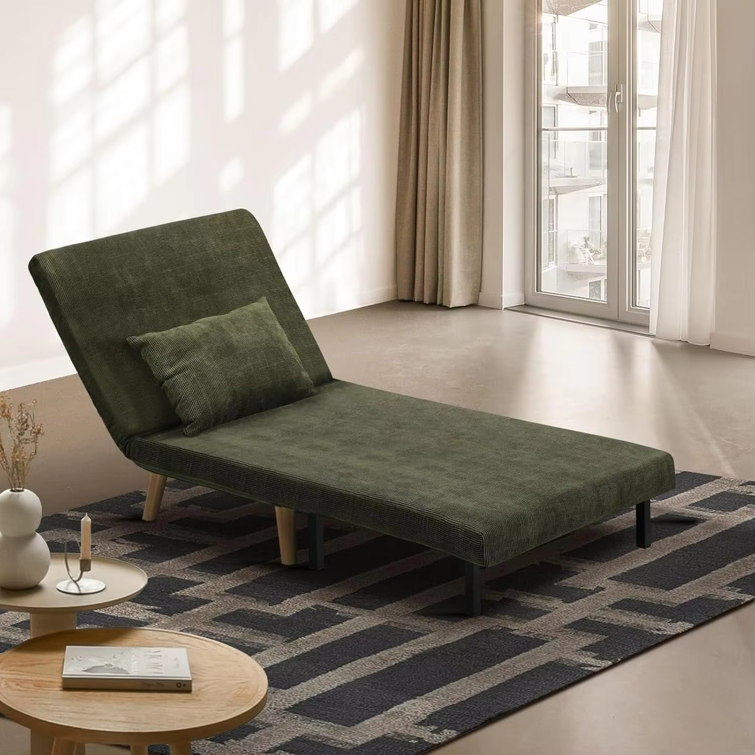 Lounge Chair Sofa, Single Seat Sofa Chair with Thick Padding & Wood Leg, Multi-Functional Furniture Sofa Chair Flat Bed for L