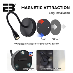 Wireless LED wall sconce with 4400mAh rechargeable battery, USB charging, flexible tube, and dimming control. Perfect for bedside, reading, or ambient lighting.  Stylish black finish, portable design, and eye-friendly light for any room in your home or of