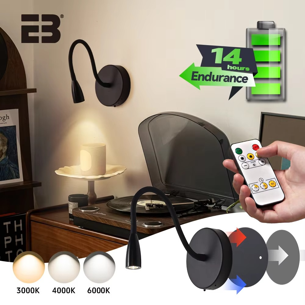 Wireless LED wall sconce with 4400mAh rechargeable battery, USB charging, flexible tube, and dimming control. Perfect for bedside, reading, or ambient lighting. Stylish black finish, portable design, and eye-friendly light for any room in your home or of