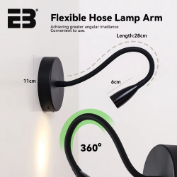 Wireless LED wall sconce with 4400mAh rechargeable battery, USB charging, flexible tube, and dimming control. Perfect for bedside, reading, or ambient lighting.  Stylish black finish, portable design, and eye-friendly light for any room in your home or of