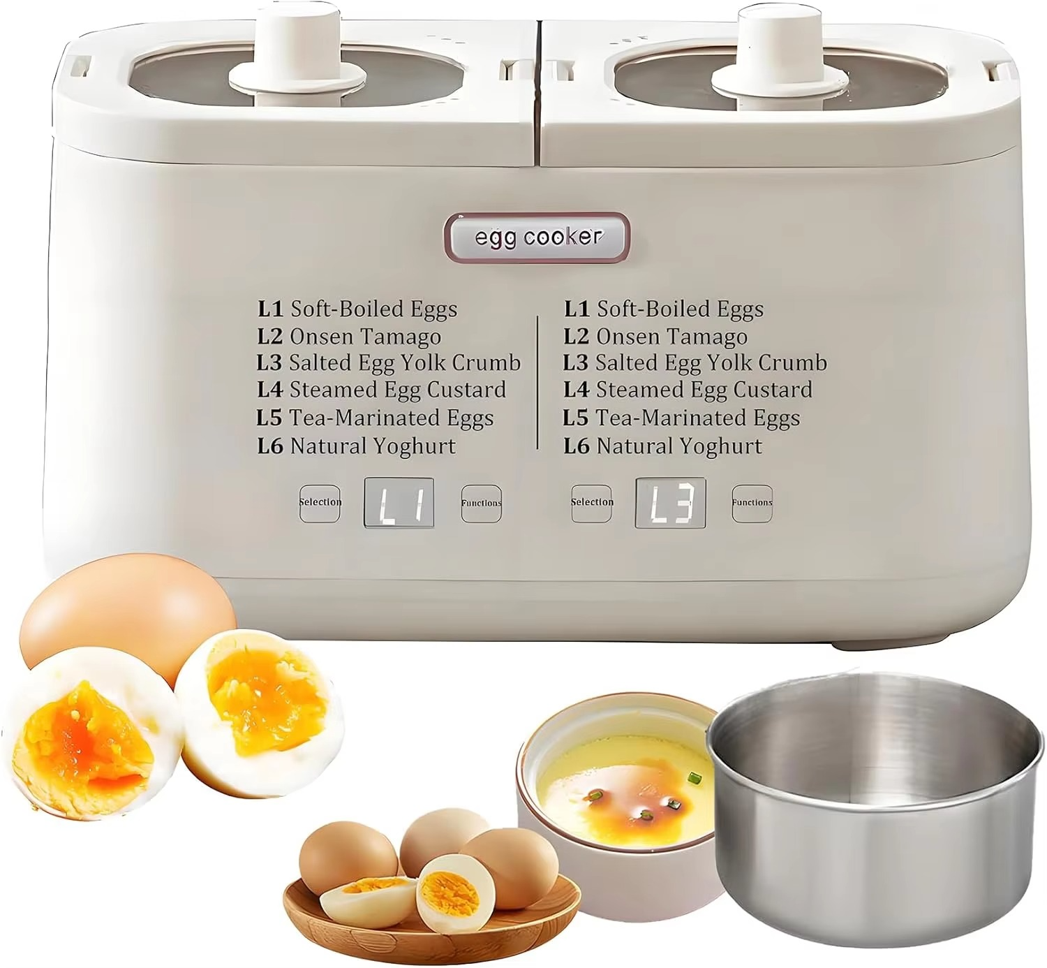 8 Egg Capacity Electric Poached Egg Maker, Smart Egg Cooker with Stainless Steel Bowl, 6 Cooking Modes, Dual Temperature Control