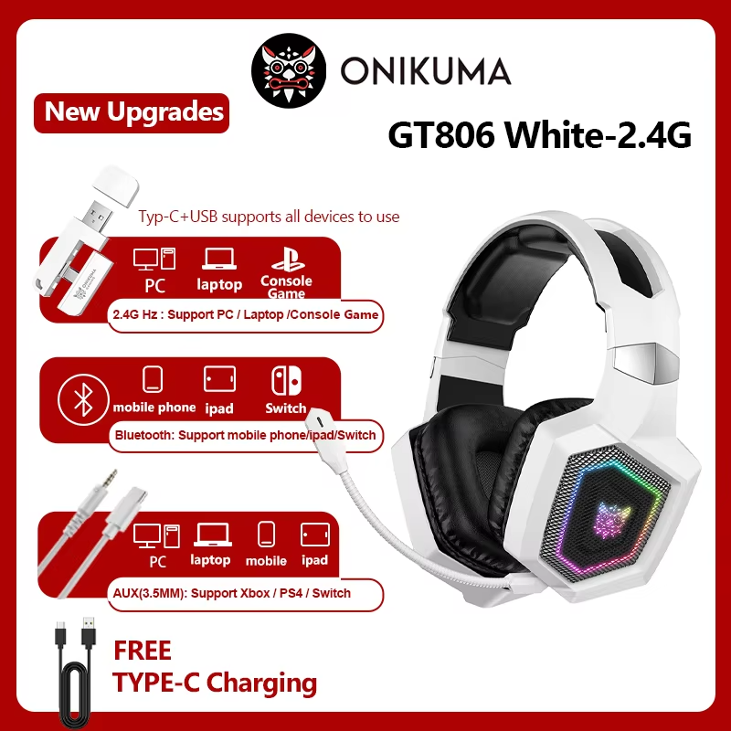 Onikuma GT806 Wireless Three Mode E-Sports Gaming Headset Detachable Microphone Gaming Headphones Bluetooth 5.3 / 2.4G / AUX
