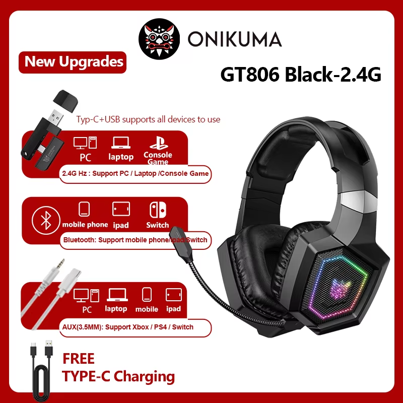 Onikuma GT806 Wireless Three Mode E-Sports Gaming Headset Detachable Microphone Gaming Headphones Bluetooth 5.3 / 2.4G / AUX