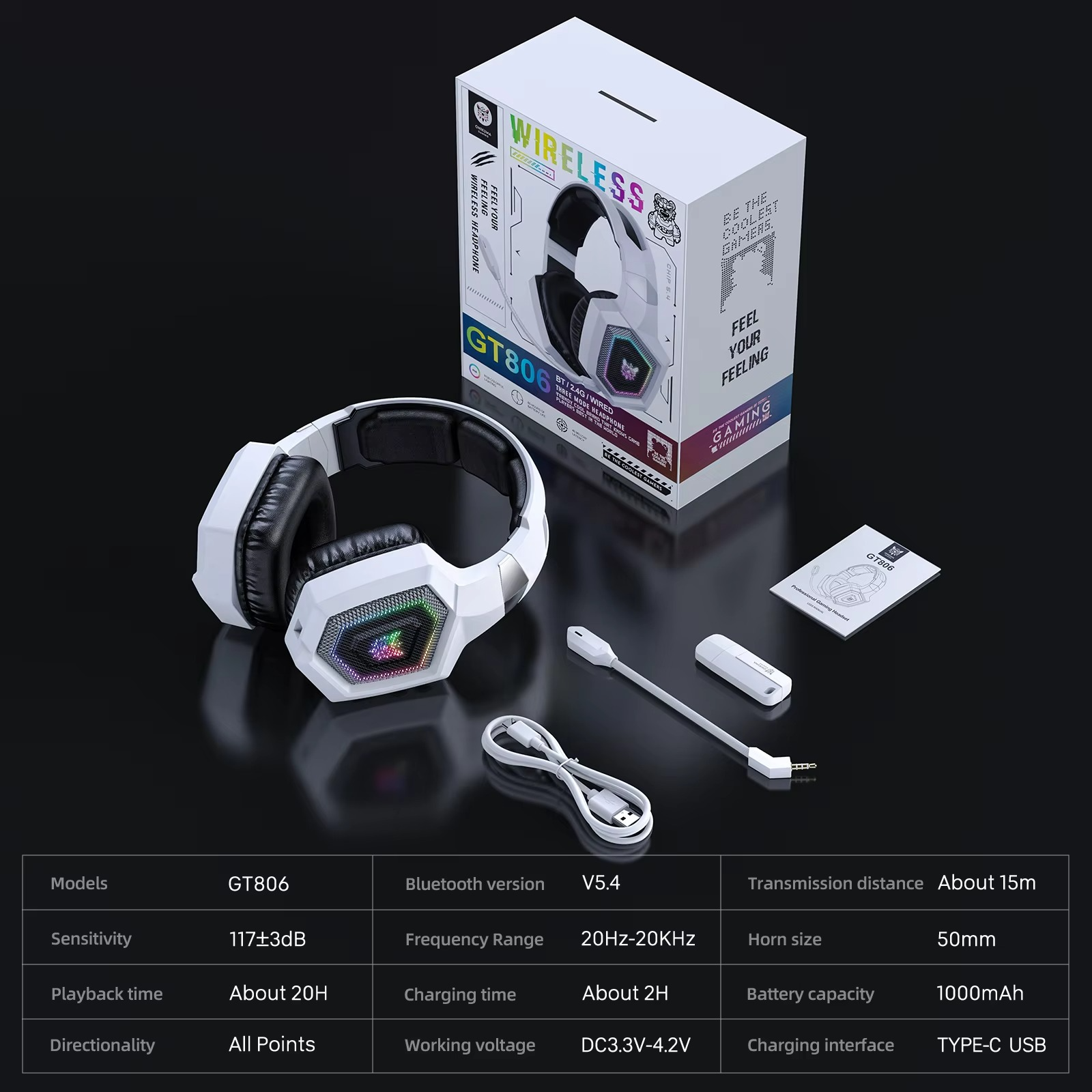 Onikuma GT806 Wireless Three Mode E-Sports Gaming Headset Detachable Microphone Gaming Headphones Bluetooth 5.3 / 2.4G / AUX